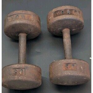 YORK VINTAGE Roundhead Pair Of 30 LB DUMBBELLS